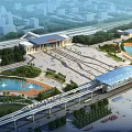 Modern Railway Station Plaza With Main Building Fountains Green Areas And Elevated Tracks