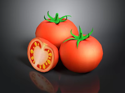 Fresh Red Tomatoes With Green Stems Whole And Sliced Juicy Flesh And Seeds 3d model