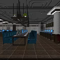 Modern Internet Cafe Interior With Blue Leather Chairs Long Tables Computers And Hanging Lights 3d model