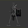 Metallic Gun Firing Flame Mounted On Stand With Gray Background And Reflective Surface