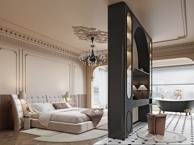 Elegant Luxurious Bedroom Interior With Plush Bed Crystal Chandelier And Decorative Panel Walls 3d model