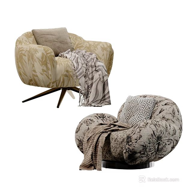 Modern Patterned Accent Chairs With Leaf Floral Patterns Gray Geometric Cushions And Throw Blankets 3d model 