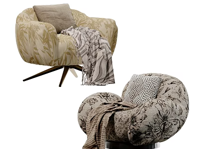 Modern Patterned Accent Chairs With Leaf Floral Patterns Gray Geometric Cushions And Throw Blankets 3d model