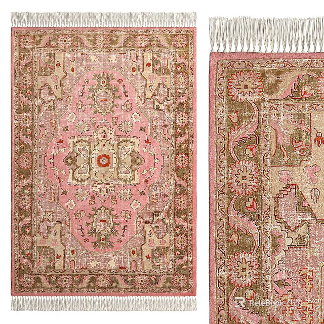 Pink Square Area Rug With Intricate Traditional Pattern And Beige Fringe Design 3d model 