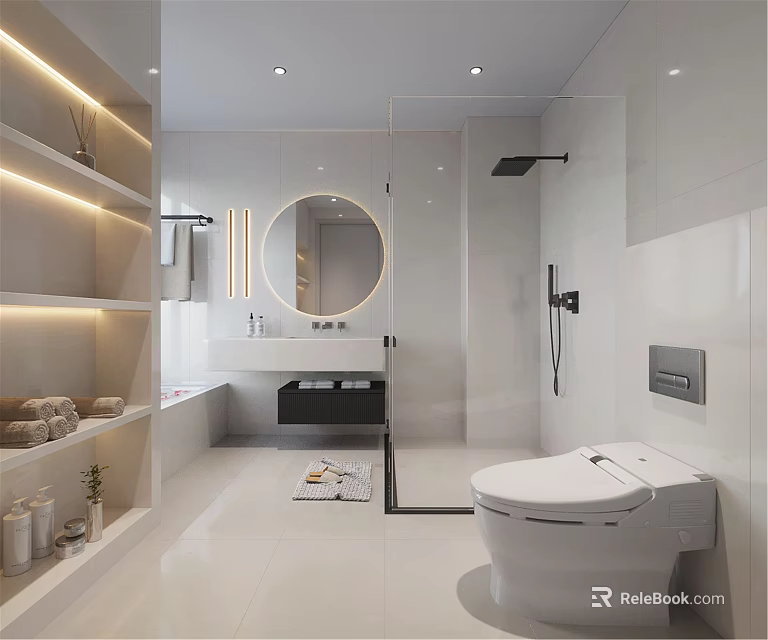 Modern Bathroom Interior Design With White Toilet Round Mirror Vanity And Shower Area 3d model 