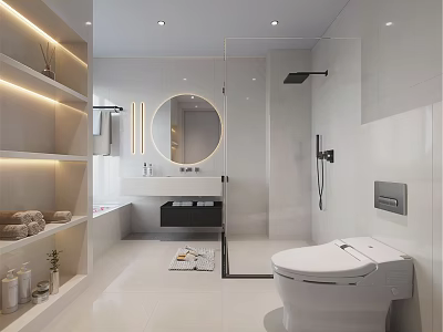 Modern Bathroom Interior Design With White Toilet Round Mirror Vanity And Shower Area 3d model