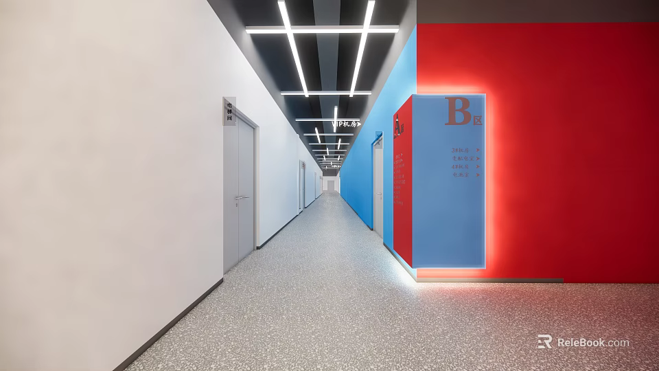 Modern Elevator Corridor With Colorful Walls Linear Lights And Terrazzo Floor 3d model