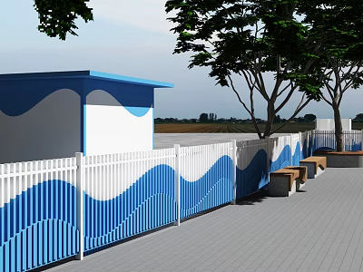 Blue And White Wavy Pattern Fence With Benches Trees And Waterfront View 3d model
