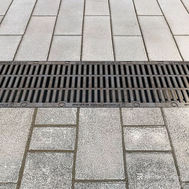 Municipal Road Paved Surface With Metal Drainage Grate And Gray Rectangular Blocks 3d model 