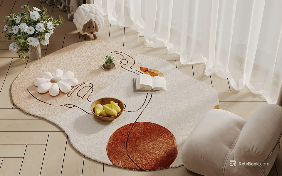 Cream Colored Square Rug with Hand Drawn Patterns and Fruit Bowl on Wooden Floor 3d model 
