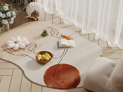 Cream Colored Square Rug with Hand Drawn Patterns and Fruit Bowl on Wooden Floor 3d model