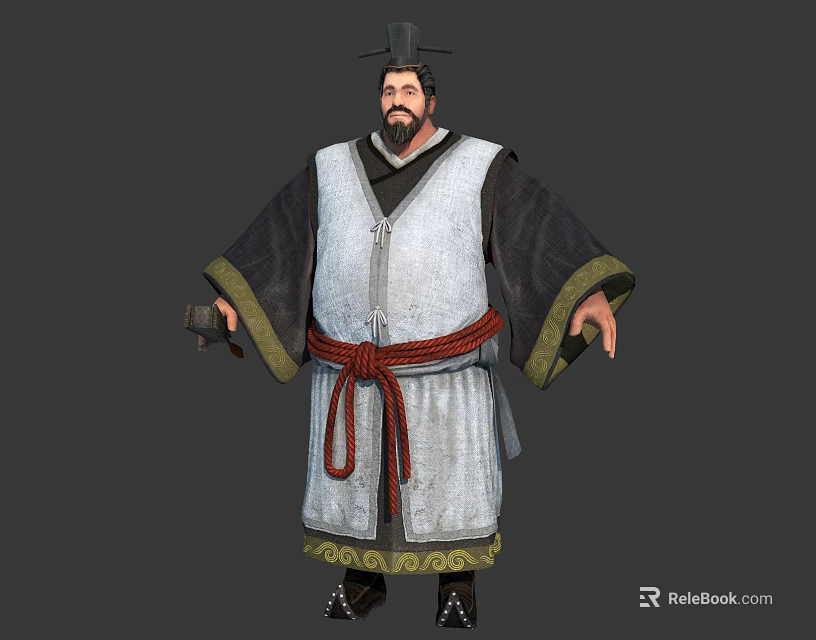 Traditional Robed Male Character With Beard Hat And Red Belt Holding Item 3d model 