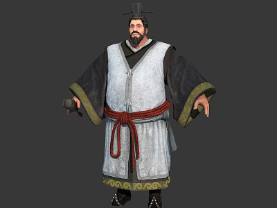 Traditional Robed Male Character With Beard Hat And Red Belt Holding Item 3d model