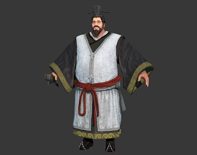 Traditional Robed Male Character With Beard Hat And Red Belt Holding Item 3d model
