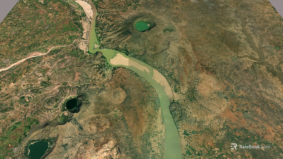 Breathtaking Natural Scenery With Winding River And Green Lake In Mountainous Terrain 3d model 