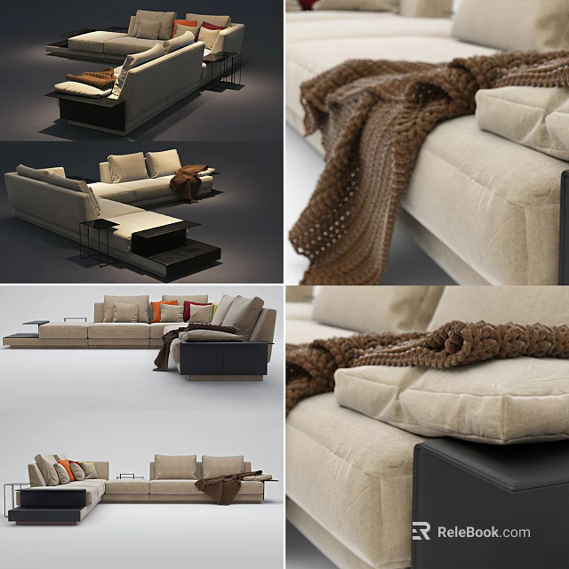 Modern Sectional Sofa With Beige Linen Upholstery And Knitted Throw Blanket 3d model 