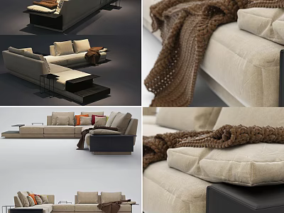 Modern Sectional Sofa With Beige Linen Upholstery And Knitted Throw Blanket 3d model