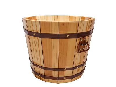 Elegant Wooden Bathtub With Natural Wood Texture And Metal Straps Handles 3d model