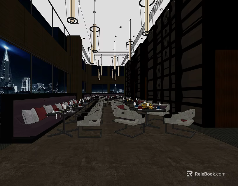 Modern Café Interior With City Night View Hanging Lights And Comfortable Seating 3d model 