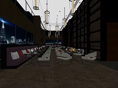 Modern Café Interior With City Night View Hanging Lights And Comfortable Seating 3d model