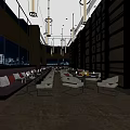 Modern Café Interior With City Night View Hanging Lights And Comfortable Seating