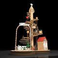 Colorful Decorative Play Structure With Tower Slide Cottage Star Archway And Green Plants