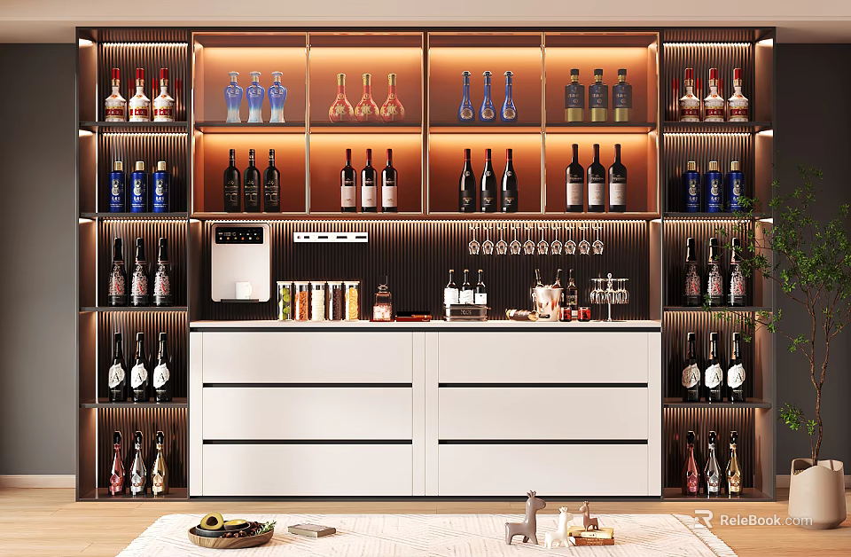Modern Wine Cabinet With Glass Shelves LED Lighting For Bottles And Glasses 3d model 