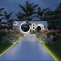 Night Garden Landscape With Palm Trees String Lights Circular Archways And Flower Pathway 3d model
