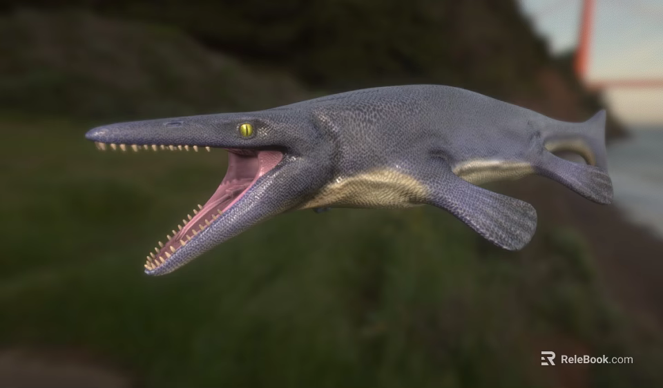 Prehistoric Aquatic Animal With Long Snout Sharp Teeth Open Mouth Yellow Eyes And Fins 3d model 