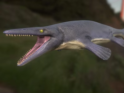 Prehistoric Aquatic Animal With Long Snout Sharp Teeth Open Mouth Yellow Eyes And Fins 3d model