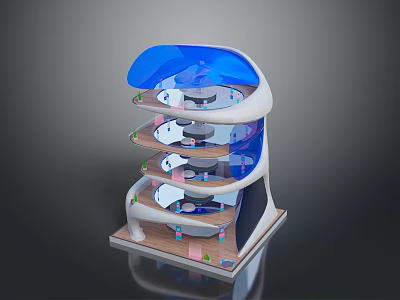 Modern Multi Floor Building With Blue Glass Top And Open Interior Design 3d model