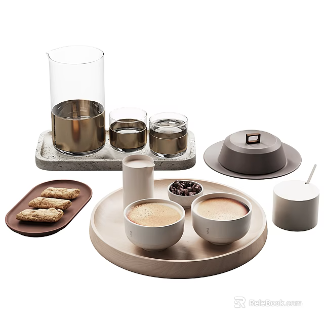 Tasty Frothy Coffee Cups With Cookies And Coffee Beans On Wooden Tray 3d model 