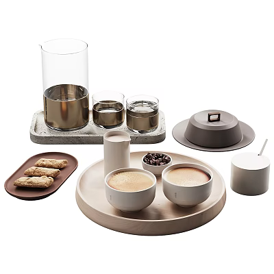 Tasty Frothy Coffee Cups With Cookies And Coffee Beans On Wooden Tray 3d model