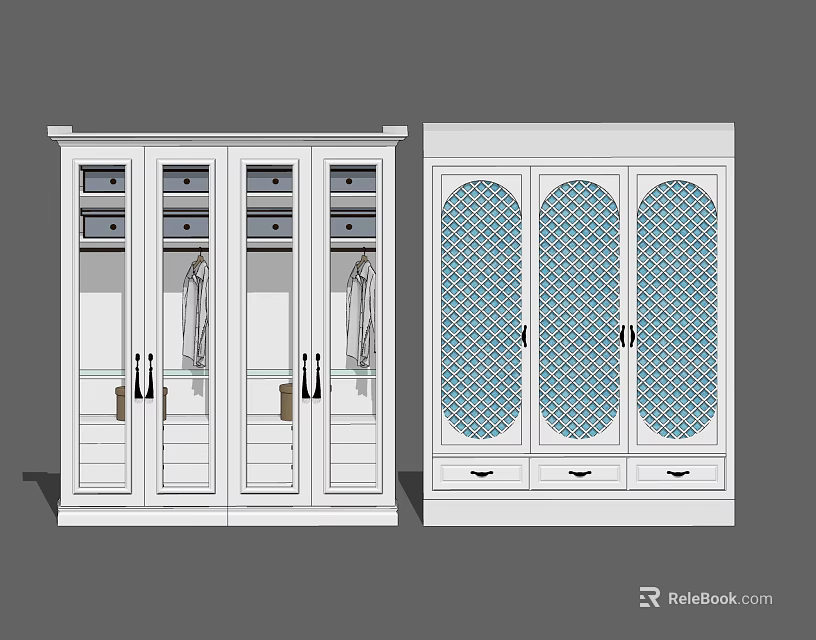 White Wardrobe Cabinet Design With Glass Doors Blue Pattern And Storage Drawers 3d model 
