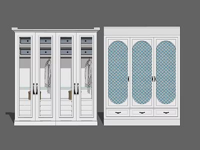White Wardrobe Cabinet Design With Glass Doors Blue Pattern And Storage Drawers 3d model