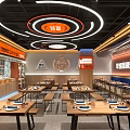Elegant Modern Open Restaurant Interior With Orange Decor Circular Light Strips Wooden Tables And Benches
