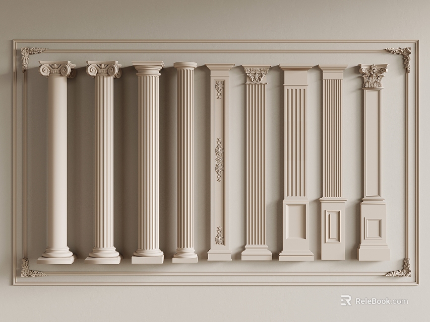 Roman Columns in Various Decorative Styles With Carved Capitals Displayed on White Panel for Interior Design 3d model 