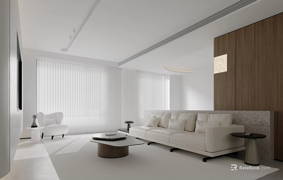 Modern Open Concept Living Dining Room Interior Design With Sofa Coffee Table And Lighting 3d model