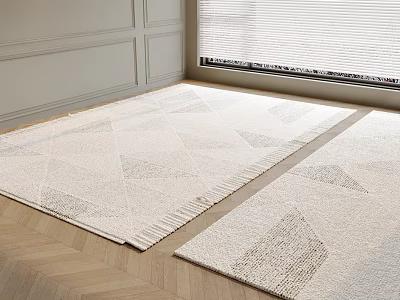 Light Colored Square Rugs With Geometric Patterns Fringed Edges On Wooden Floor 3d model