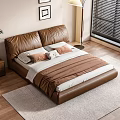 Brown Leather Double Bed with Headboard Pillows Blanket Floor Lamp Window Blinds and Art