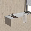 Beige Stone Bathtub Interior With Wooden Shelf Towel And Window Blinds