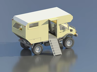 Yellow Camper Van With White Roof Open Door And Access Ladder 3d model