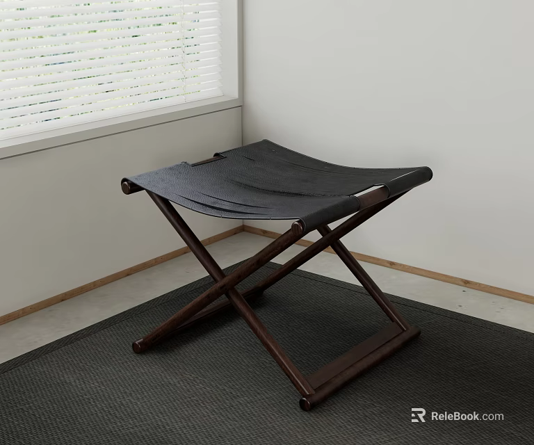 Wooden Cross Leg Folding Stool With Black Leather Seat In Minimalist Interior 3d model 