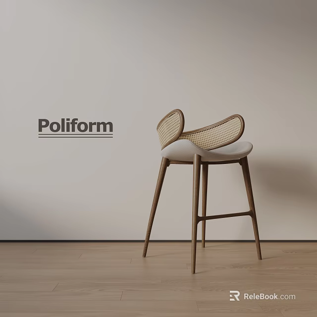 Poliform Modern Bar Stool with Wooden Legs Rattan Backrest Light Upholstered Seat in Minimalist Interior 3d model 