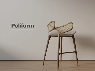 Poliform Modern Bar Stool with Wooden Legs Rattan Backrest Light Upholstered Seat in Minimalist Interior 3d model