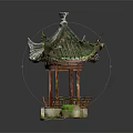 Traditional Chinese Pavilion With Tiled Roof Overhanging Eaves And Red Pillars