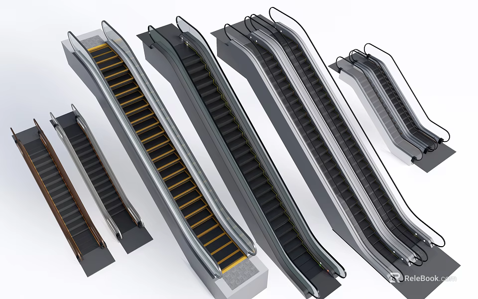 Various Styles Of Modern Commercial Escalators With Yellow Steps And Black Staircases 3d model 