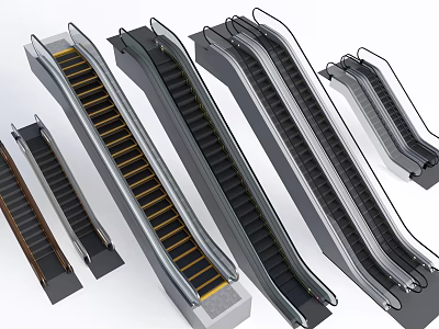 Various Styles Of Modern Commercial Escalators With Yellow Steps And Black Staircases 3d model