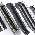 Various Styles Of Modern Commercial Escalators With Yellow Steps And Black Staircases