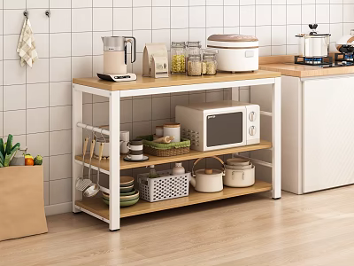 Practical Modern Kitchen Storage Shelf With Wooden Shelves White Frame Microwave Dishes Bowls And Jars 3d model